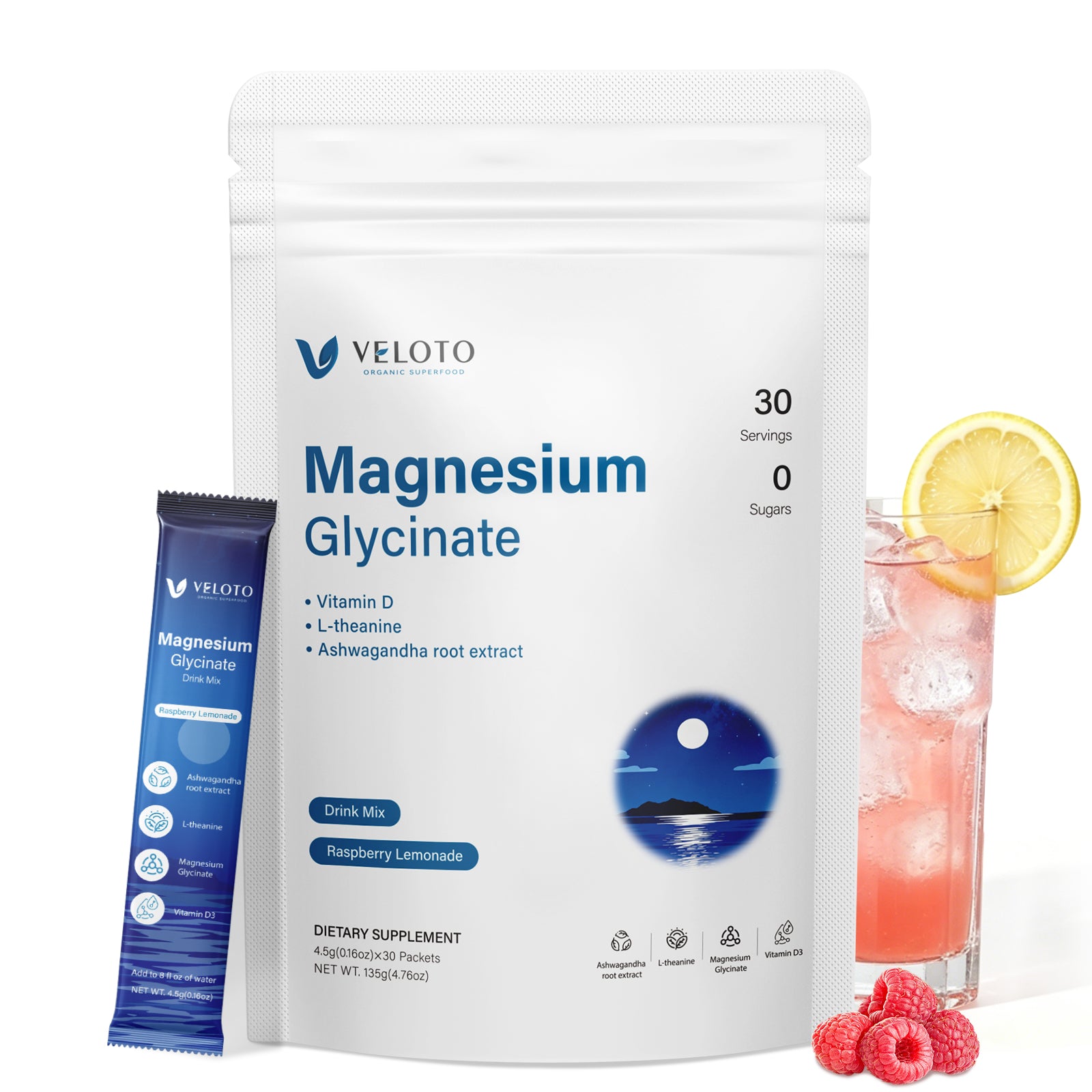 VELOTO Magnesium Glycinate Drink Mix, 30 Packets